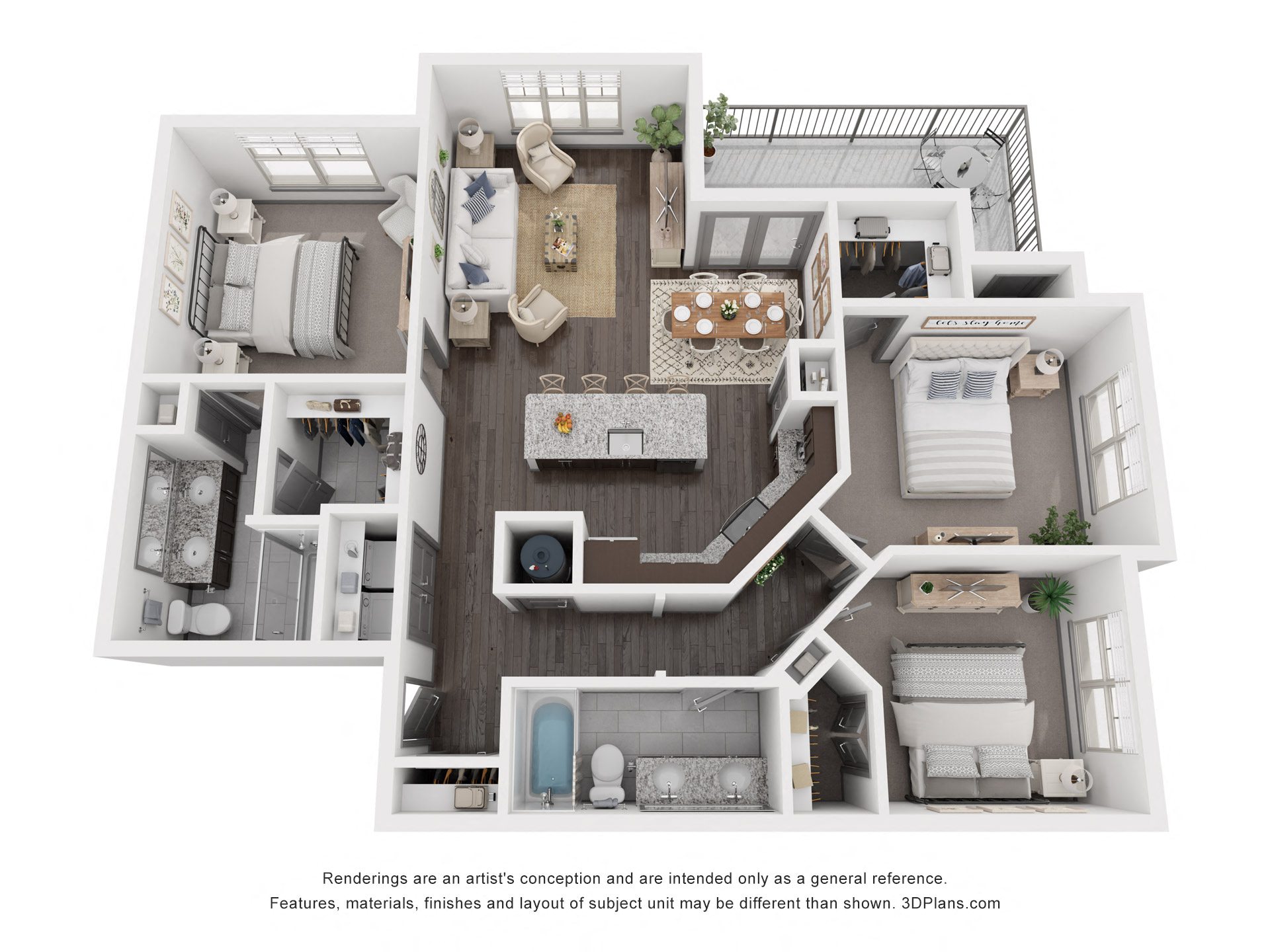Floor plan for 3 beds, 2 baths, 1344 sqft